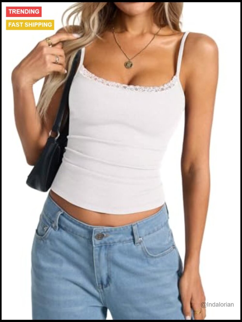 Lace Trim Camisole Top with Adjustable Spaghetti Straps, Square Neck - Picture 4 of 7